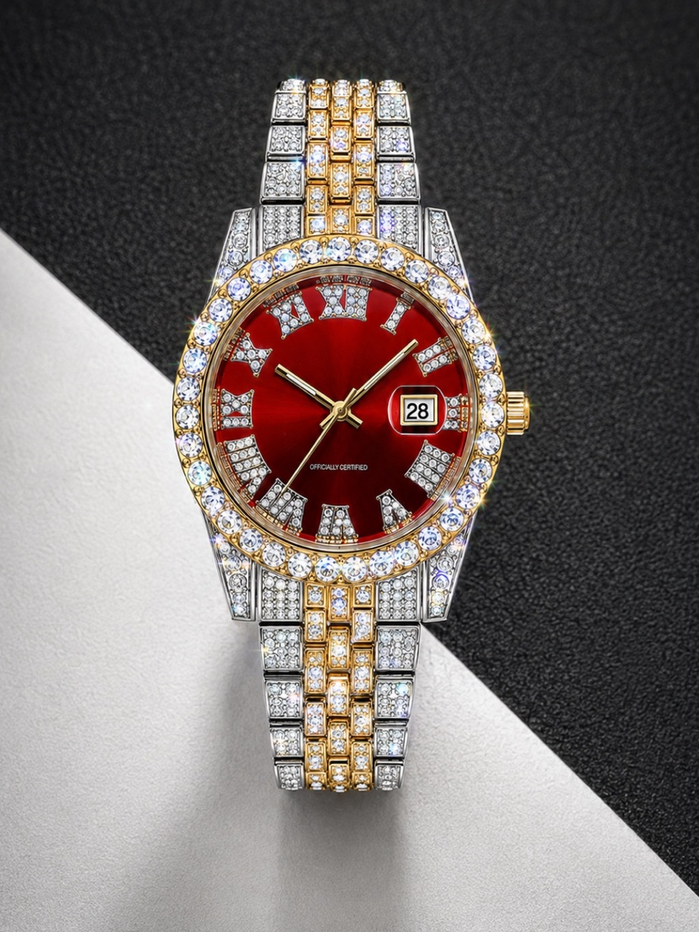 Two Tone Iced Out Red Face Watch Stainless Steel BustDown Quartz Date Rollie